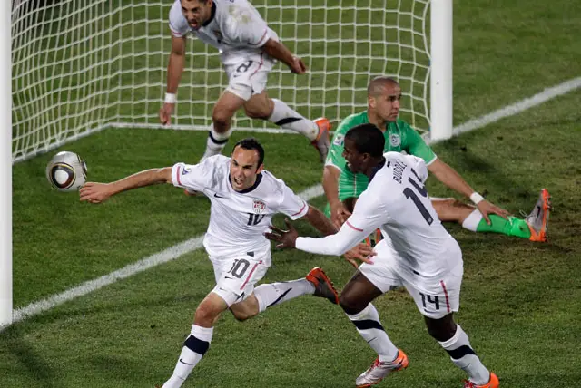 Landon Donovan (front left) celebrates his game winning goal against Algeria at the 2010 World Cup.